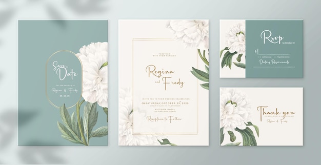 Invitación de boda floral Guardar la fecha RSVP y tarjeta de agradecimiento con flor blanca
