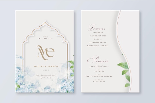 Invitación de boda floral islámica con flor azul