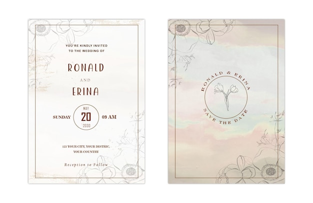 Invitación de boda floral minimalista y guarda la fecha con flor blanca PSD Premium