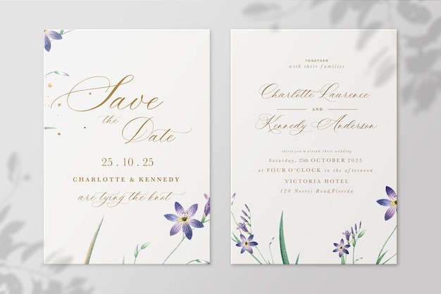 Invitación de boda floral minimalista y reserva la fecha con flor morada