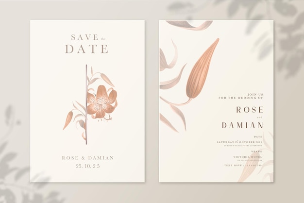 Invitación de boda floral minimalista y reserva la fecha con flor roja