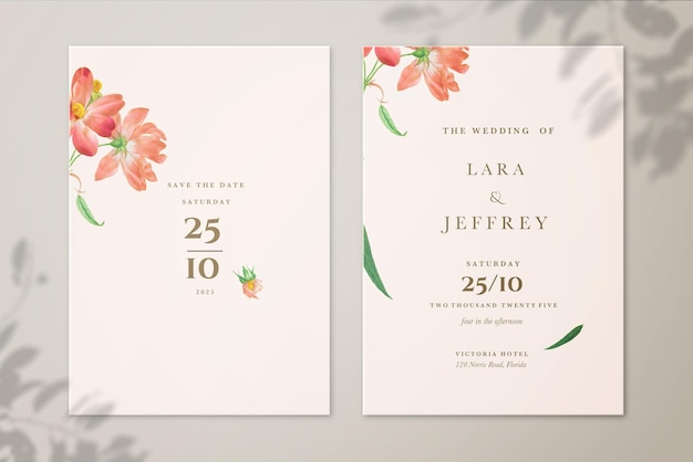 Invitación de boda floral minimalista y reserva la fecha con flor roja