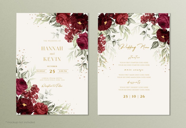 PSD invitación de boda floral y plantilla de menú con decoración de rosas y hojas de color burdeos