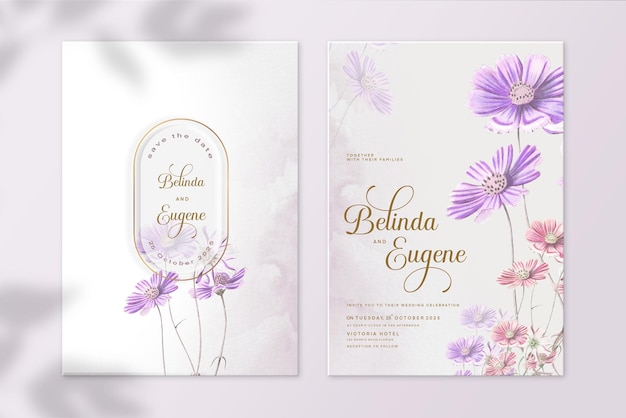 Invitación de boda floral y reserva la fecha con margarita púrpura