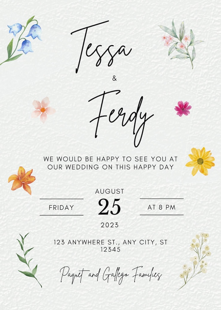 PSD invitación de boda con flores beige y negra