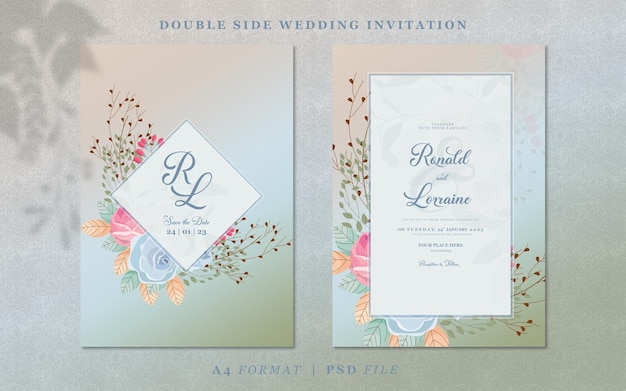 Invitación de boda con flores y hojas sobre fondo degradado verde y azul