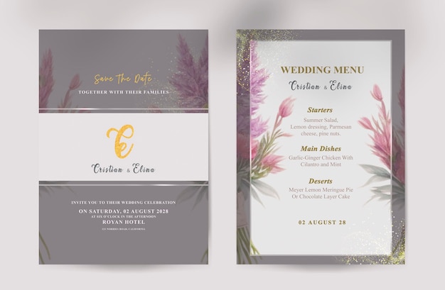 Invitación de boda de flores psd con hermosas flores de acuarela