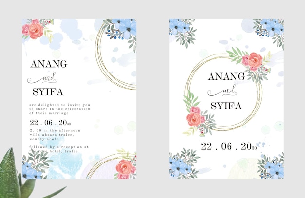invitación de boda con fondo de acuarela de flor abstracta y rosa