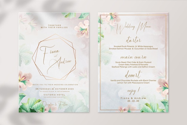 Invitación de boda geométrica y plantilla de menú de boda