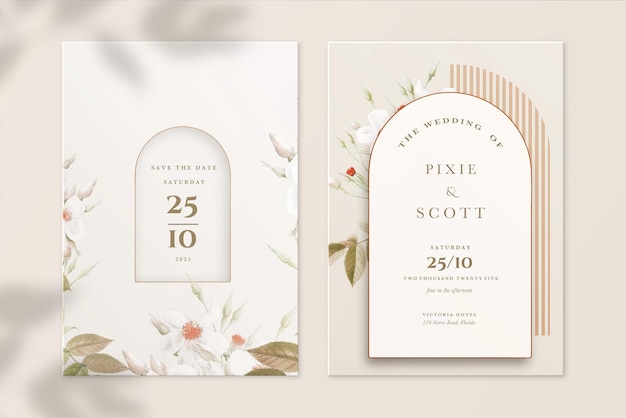 Invitación de boda y guardar la fecha con flor blanca