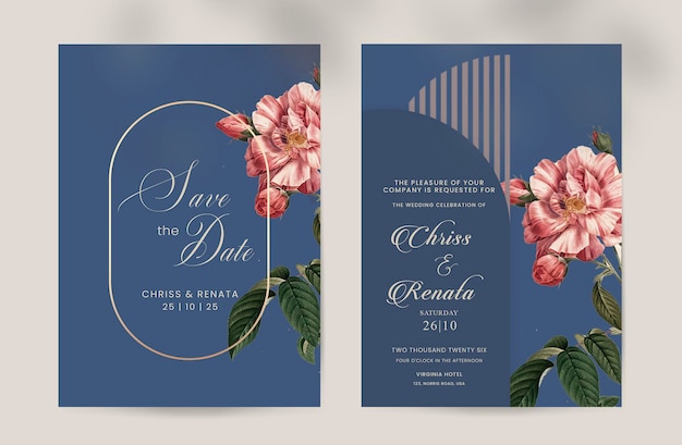 PSD invitación de boda y guardar la fecha con fondo azul