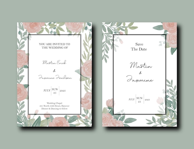 PSD invitación de boda con hermosas flores y hojas alrededor del diseño de la tarjeta.