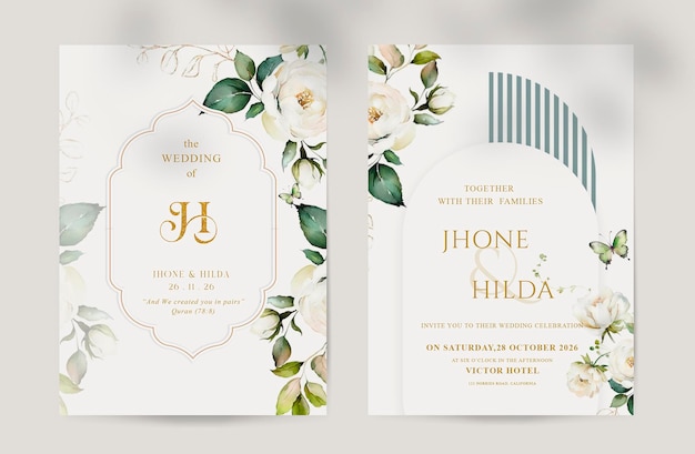 invitación de boda islámica de belleza con jardín floral de rosas de crema blanca de flor de acuarela