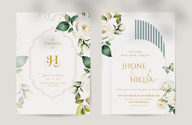 PSD invitación de boda islámica de belleza con jardín floral de rosas de crema blanca de flor de acuarela