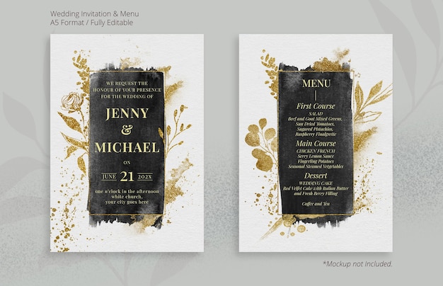 Invitación de boda y menú con tema abstracto de tinta líquida de oro negro