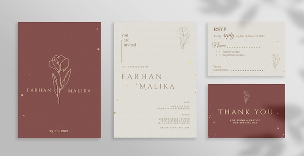 Invitación de boda minimalista con rosa sobre fondo de terracota
