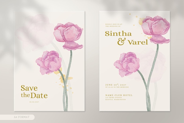 Invitación de boda moderna con adorno de flores de acuarela rosa