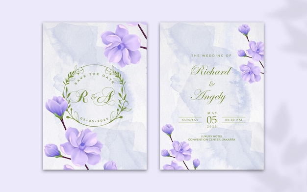 PSD invitación de boda moderna con adornos de acuarela de hojas y flores moradas