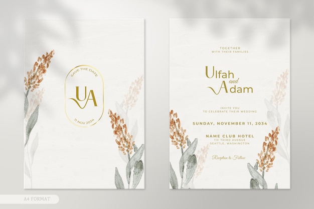 Invitación de boda moderna con flor de acuarela vintage