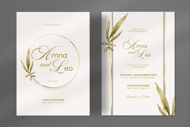 Invitación de boda moderna y lujosa con adorno de hojas de acuarela.