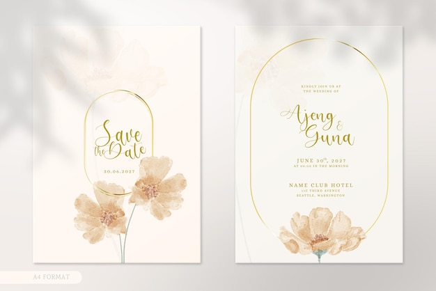 Invitación de boda moderna simple con acuarela de flores