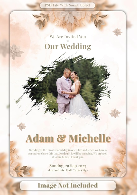 Invitación de boda con pareja y elementos florales