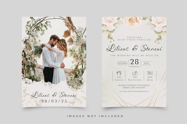 Una invitación de boda para una pareja se muestra con la fecha de febrero.