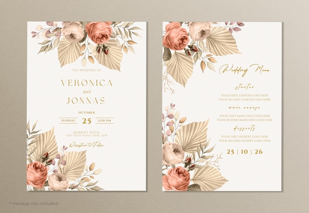 PSD invitación de boda y plantilla de menú con decoración floral seca y hojas.