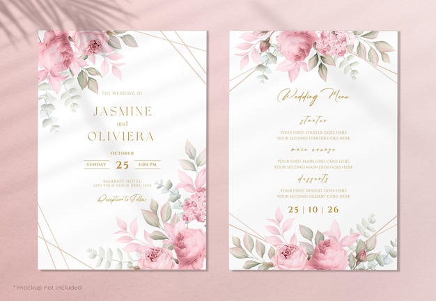 PSD invitación de boda y plantilla de menú con hermosas rosas y decoración de hojas.