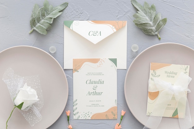 PSD invitación de boda con platos