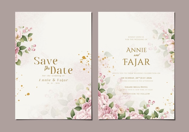 invitación de boda psd plantilla de dos caras con un hermoso ramo de flores