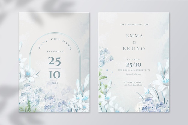 Invitación de boda y reserva la fecha con follaje azul