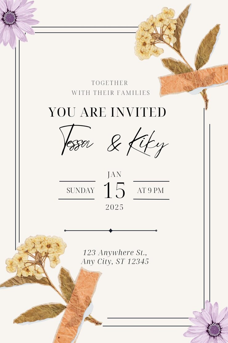 PSD invitación de boda con retrato en acuarela de crema y naranja