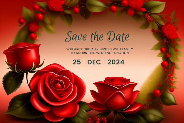 PSD invitación de boda con rosas rojas festivas enmarco floral clásico invitación de voda con rosas románticas guardar la fecha