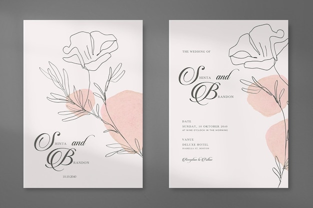 Invitación de boda simple y estética con flor de arte lineal