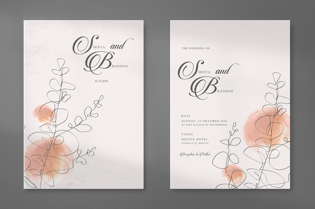 PSD invitación de boda simple y estética con hojas de arte lineal