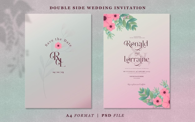 Invitación de boda simple con flores y hojas sobre fondo de color rosa degradado