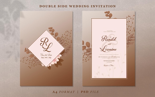 Invitación de boda simple con flores y hojas sobre fondo degradado marrón