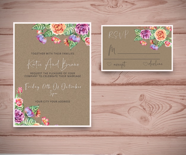 PSD invitación de boda con tarjeta rsvp