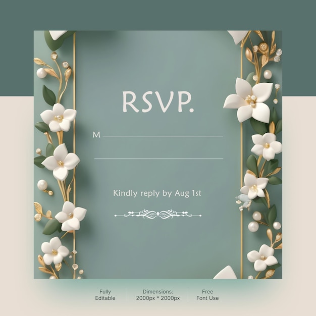 PSD invitación de boda verde con borde de flores de jazmín