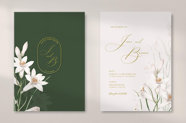 Invitación de boda verde de doble cara con una flor.