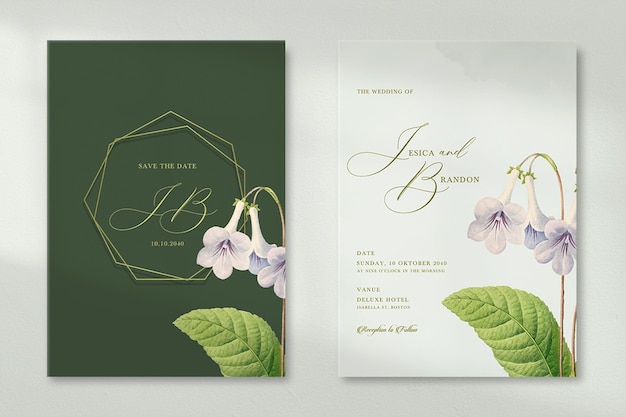 Invitación de boda verde de doble cara con una flor.