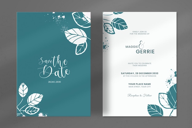 PSD invitación de boda verde simple con hojas dibujadas a mano