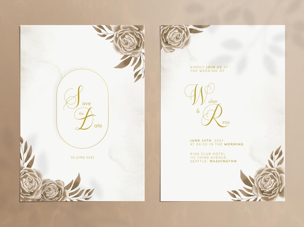 PSD invitación de boda vintage de doble cara con adornos de flores marrones