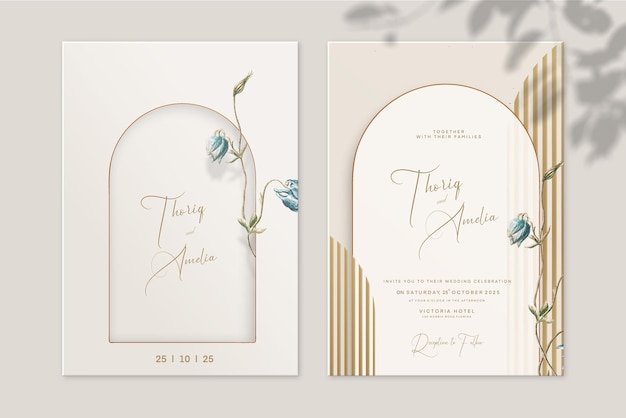 Invitación de boda vintage y guardar la fecha con flor azul