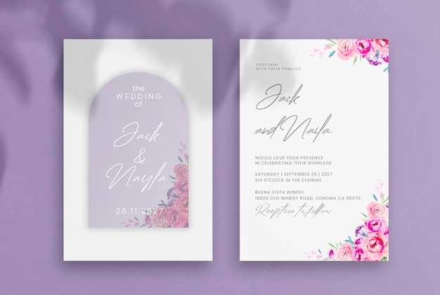 Invitación de boda vintage y guardar la fecha con fondo morado