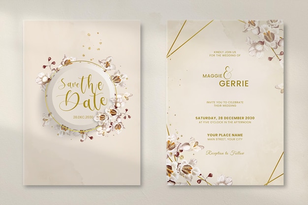 PSD invitación de boda vintage moderna con flores blancas