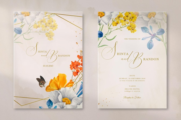 PSD invitación de boda vintage moderna con ramo de flores de jardín