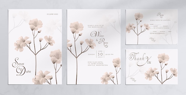 Invitación de boda vintage simple con adornos de acuarela de flores marrones