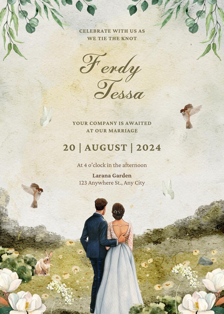 PSD invitación para la celebración de la boda de flores verdes blancas